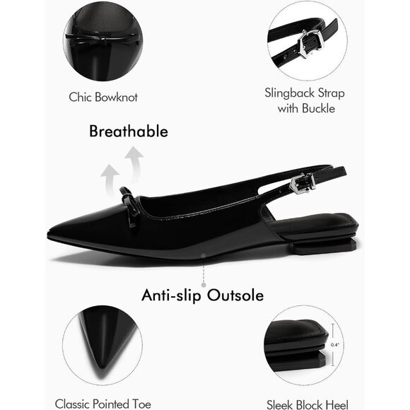 Womens Slingback Flats Pointed Toe Bow Slip On Comfortable Dressy Work Shoes - Picture 5 of 5